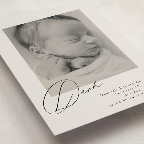 This is a vanilla birth announcements with standard by Olivia Raufman called dashing printing on smooth signature in standard