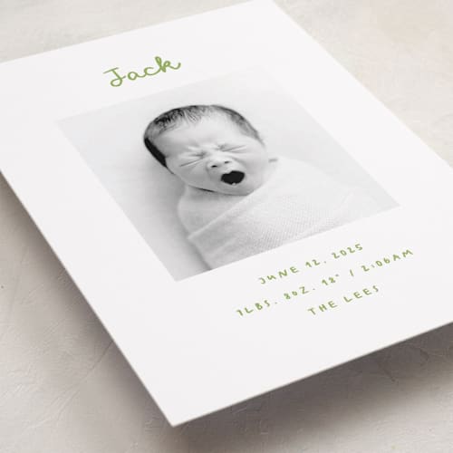 This is a greenery birth announcements with standard by AK Graphics called cursive printing on smooth signature in standard