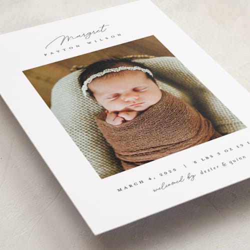This is a pearl birth announcements with standard by Pixel and Hank called simply lovely printing on smooth signature in standard