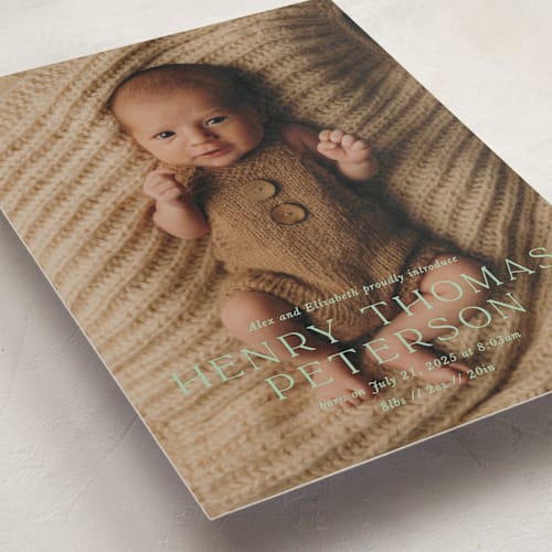 This is a mint birth announcements with standard by Melissa Egan of Pistols called refined printing on recycled smooth signature in standard