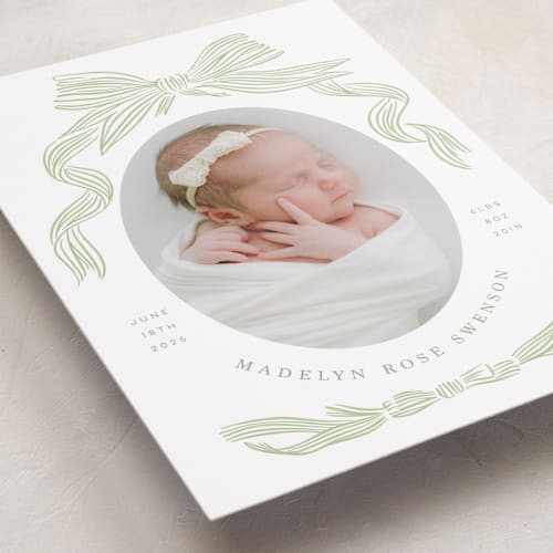 This is a mint birth announcements with standard by Stephanie Hawkes called ribbon bow frame printing on smooth signature in standard