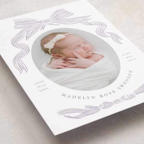 This is a lilac birth announcements with standard by Stephanie Hawkes called ribbon bow frame printing on smooth signature in standard