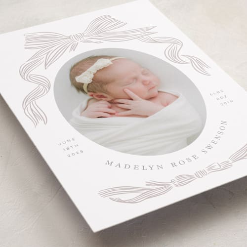 This is a stone birth announcements with standard by Stephanie Hawkes called ribbon bow frame printing on recycled smooth signature in standard