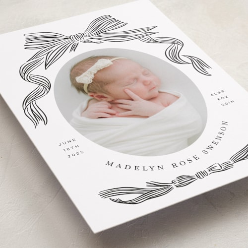 This is a coal birth announcements with standard by Stephanie Hawkes called ribbon bow frame printing on smooth signature in standard