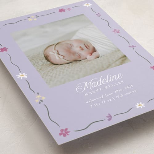 This is a lilac birth announcements with standard by Robert and Stella called petite garden printing on smooth signature in standard
