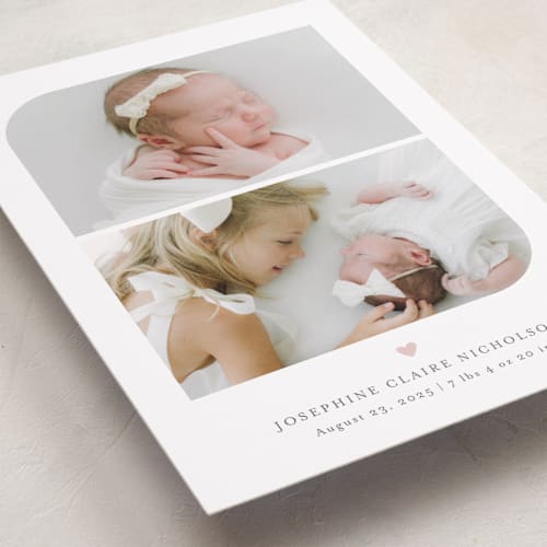 This is a cotton candy birth announcements with standard by Jessica Williams called camber printing on smooth signature in standard