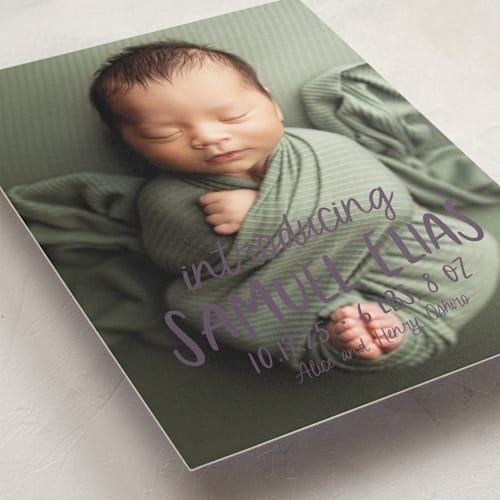 This is a plum birth announcements with standard by Lea Delaveris called all write printing on smooth signature in standard
