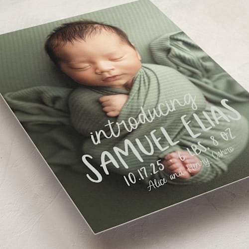 This is a sage birth announcements with standard by Lea Delaveris called all write printing on recycled smooth signature in standard