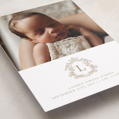 This is a fawn birth announcements with standard by mo kelley called crested printing on smooth signature in standard