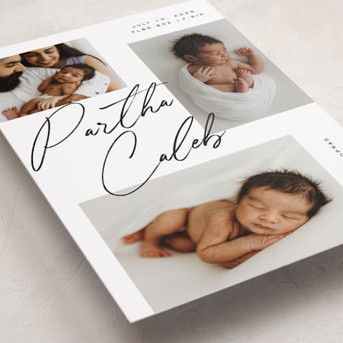 This is a charcoal birth announcements with standard by Michelle Taylor called scattered trio printing on smooth signature in standard