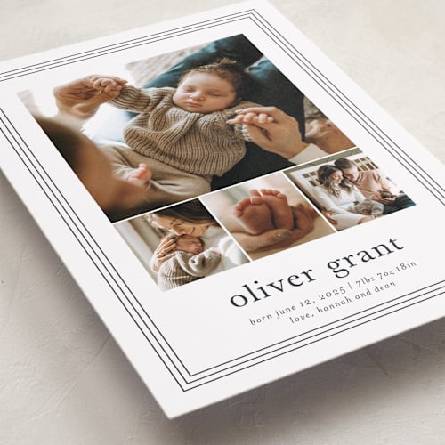 This is a cotton birth announcements with standard by Stacey Meacham called classy frame printing on smooth signature in standard