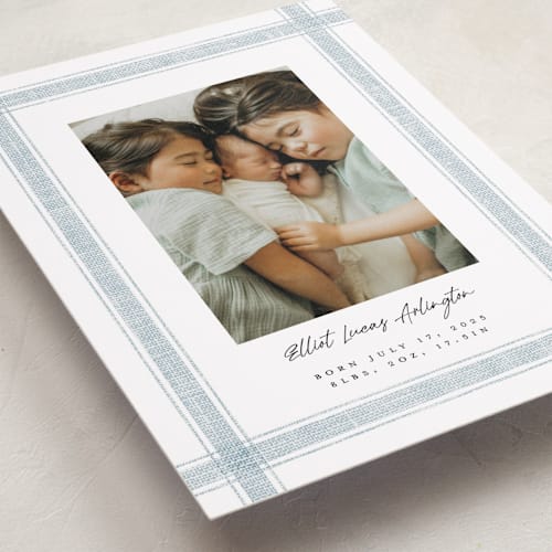 This is a cloud birth announcements with standard by Kelly Schmidt called beach linen printing on smooth signature in standard