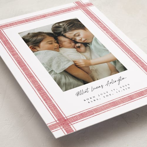 This is a berry birth announcements with standard by Kelly Schmidt called beach linen printing on recycled smooth signature in standard