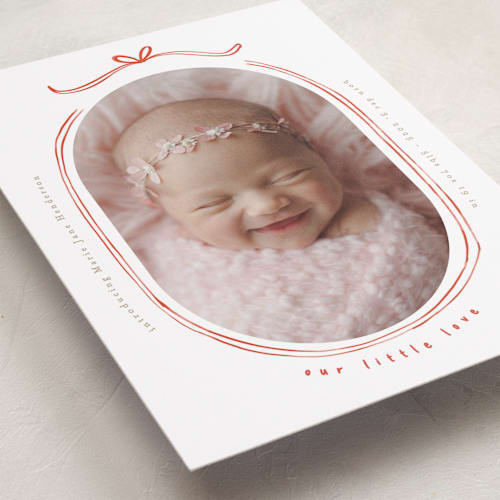 This is a strawberry birth announcements with standard by Creo Study called bundle of joy printing on recycled smooth signature in standard