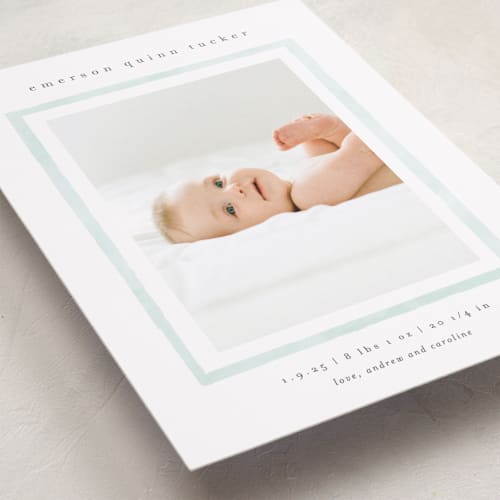 This is a mint birth announcements with standard by Lauren Chism called golightly printing on recycled smooth signature in standard