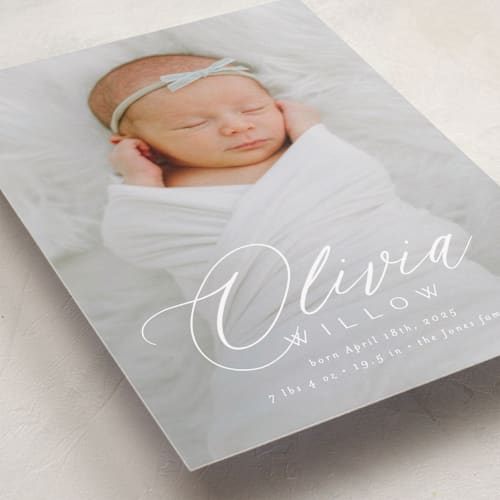 This is a cloud birth announcements with standard by Everett Paper Goods called serenity printing on smooth signature in standard