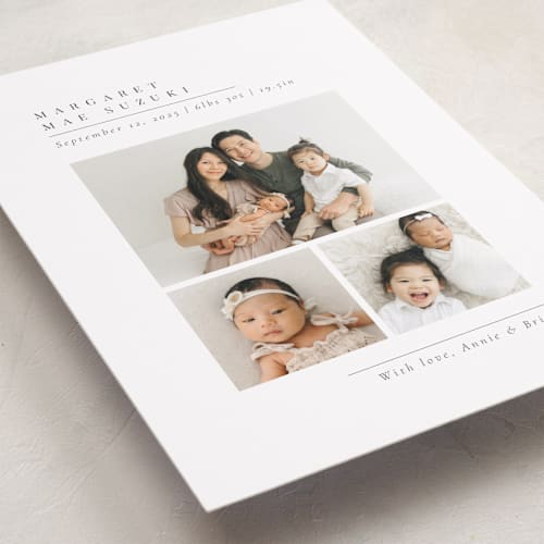 This is a onyx birth announcements with standard by Meggy Masters called minimal triad printing on recycled smooth signature in standard