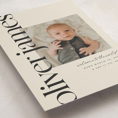 This is a cream birth announcements with standard by Ellen Schlegelmilch called editorial printing on smooth signature in standard