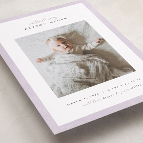 This is a hyacinth birth announcements with standard by Pixel and Hank called story printing on smooth signature in standard