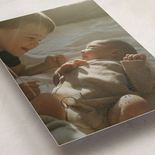This is a dusk birth announcements with standard by Sara Hicks Malone called moondance printing on recycled smooth signature in standard
