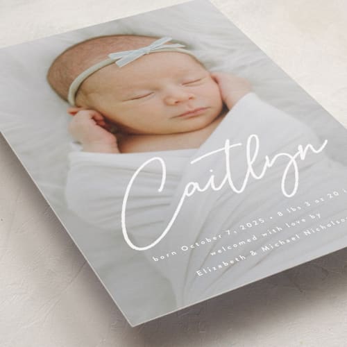 This is a sugar birth announcements with standard by Melanie Kosuge called written printing on smooth signature in standard