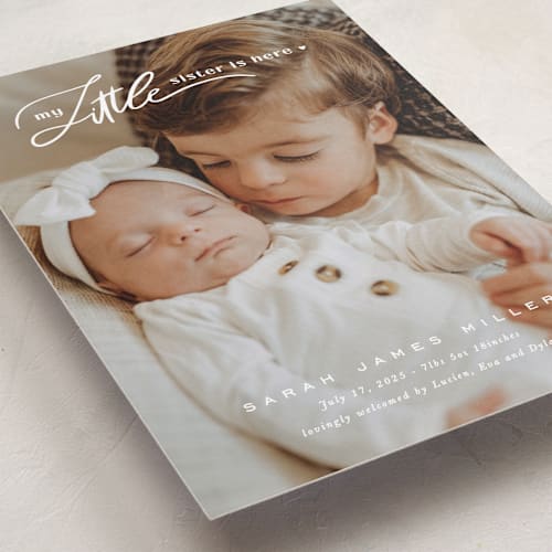 This is a cotton birth announcements with standard by Creo Study called sibling intro printing on recycled smooth signature in standard