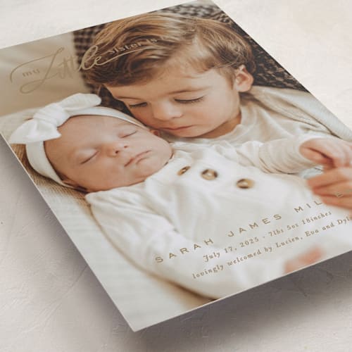This is a sand birth announcements with standard by Creo Study called sibling intro printing on smooth signature in standard