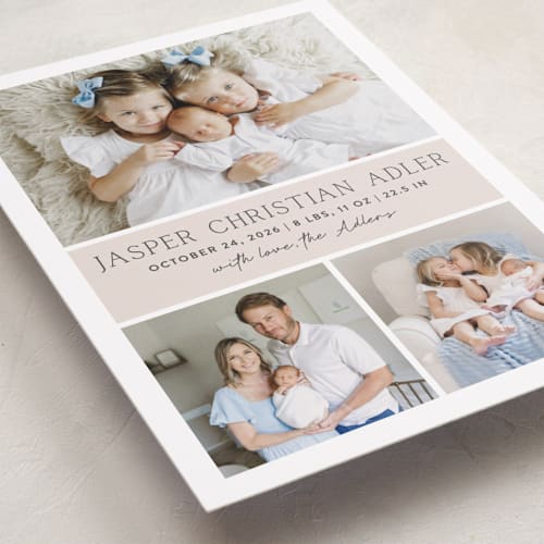This is a cream birth announcements with standard by Vanessa Doyle called color block printing on recycled smooth signature in standard