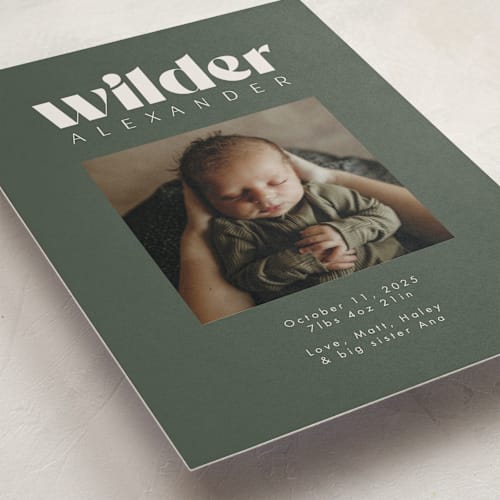 This is a forest birth announcements with standard by Kristen Knechtel called big type printing on recycled smooth signature in standard