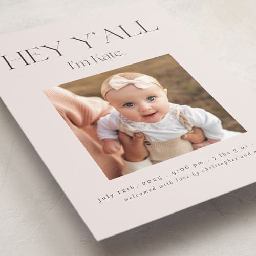 This is a sand birth announcements with standard by Morgan Kendall called southern babe printing on recycled smooth signature in standard