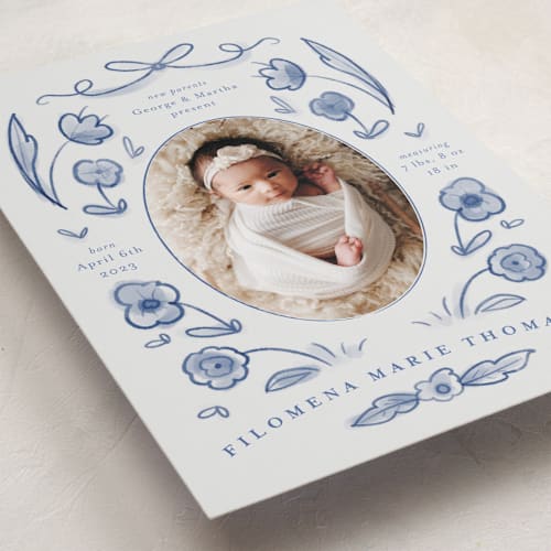 This is a delft blue birth announcements with standard by Ani Somi called painted flowers printing on smooth signature in standard