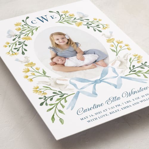 This is a daffodil birth announcements with standard by Alice Nelen called floral forest friends printing on recycled smooth signature in standard