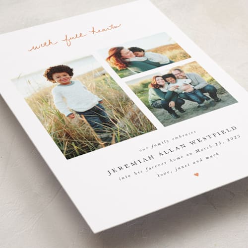 This is a tangerine birth announcements with standard by Lisa Assenmacher called with full hearts printing on recycled smooth signature in standard