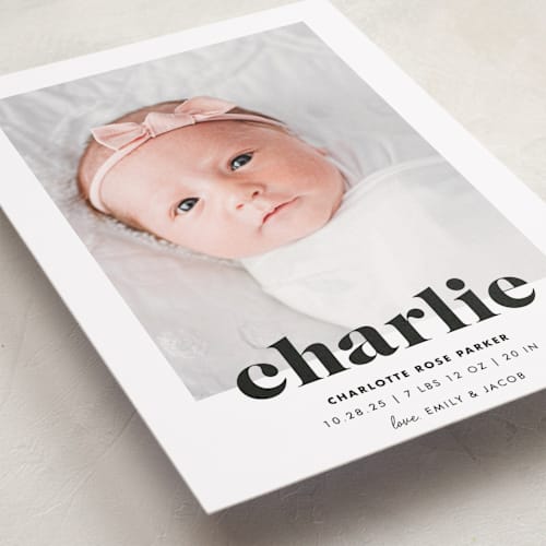 This is a midnight birth announcements with standard by Shirley Lin Schneider called bold nickname printing on recycled smooth signature in standard