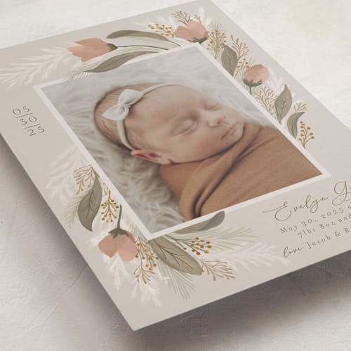 This is a rose birth announcements with standard by Joanna Griffin called boho bouquet printing on smooth signature in standard