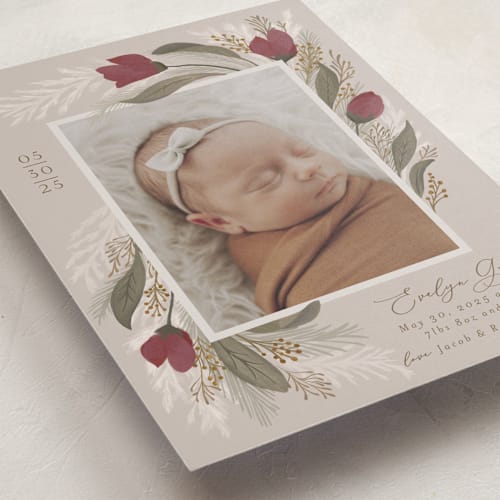 This is a mulberry birth announcements with standard by Joanna Griffin called boho bouquet printing on recycled smooth signature in standard