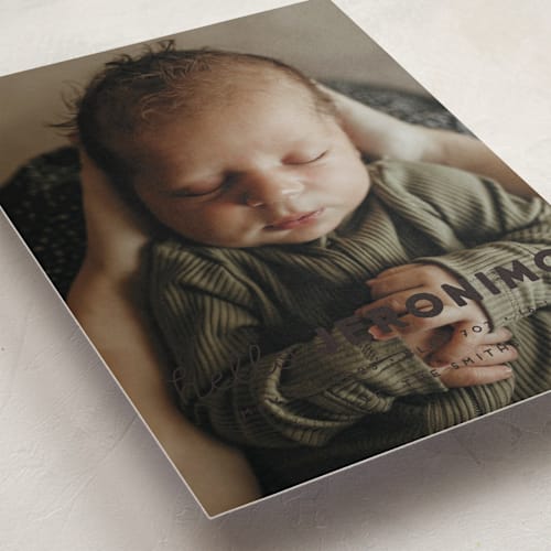 This is a charcoal birth announcements with standard by Snow and Ivy called meet me printing on recycled smooth signature in standard