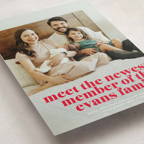 This is a ruby birth announcements with standard by Lori Wemple called newest printing on recycled smooth signature in standard