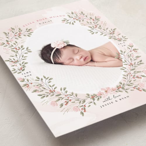 This is a blush birth announcements with standard by Susan Moyal called sweet floral vine printing on recycled smooth signature in standard