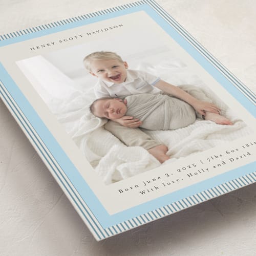 This is a powder blue birth announcements with standard by Jackie Crawford called modern striped frame printing on smooth signature in standard