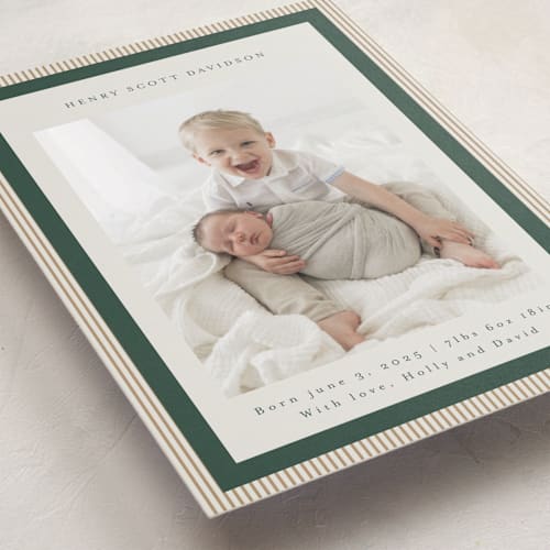 This is a forest birth announcements with standard by Jackie Crawford called modern striped frame printing on recycled smooth signature in standard