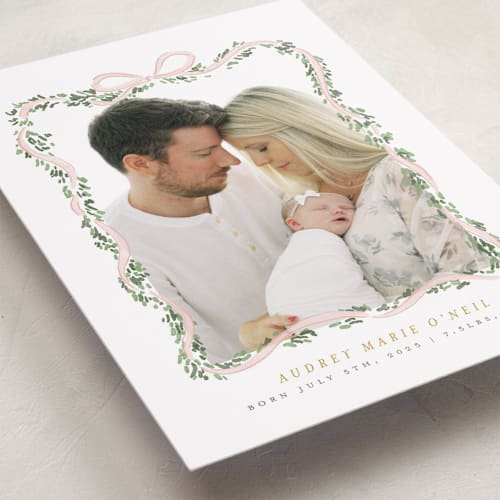 This is a blush birth announcements with standard by Itsy Belle Studio called ribbonly frame printing on smooth signature in standard
