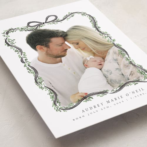 This is a coal birth announcements with standard by Itsy Belle Studio called ribbonly frame printing on smooth signature in standard