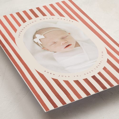 This is a sweet potato birth announcements with standard by Teju Reval called vintage stripes printing on recycled smooth signature in standard