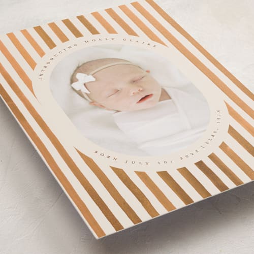 This is a sand birth announcements with standard by Teju Reval called vintage stripes printing on recycled smooth signature in standard