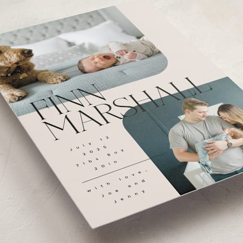 This is a linen birth announcements with standard by Kelly Schmidt called happy overlay printing on smooth signature in standard