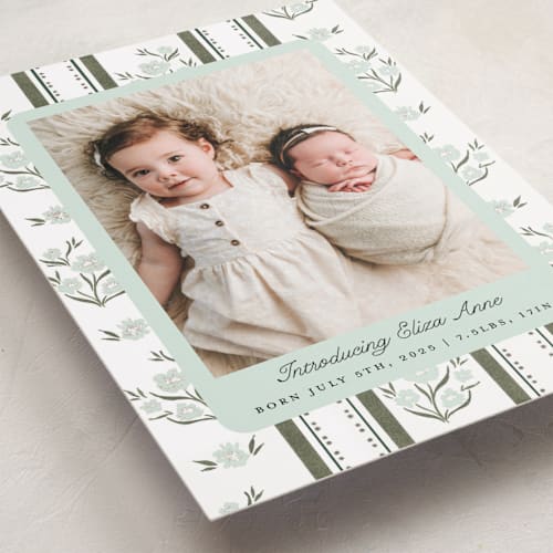 This is a leaf birth announcements with standard by Jackie Crawford called cottage watercolor ribbon printing on recycled smooth signature in standard