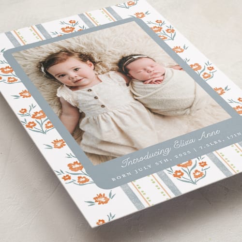 This is a citrus birth announcements with standard by Jackie Crawford called cottage watercolor ribbon printing on recycled smooth signature in standard