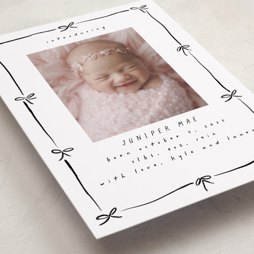 This is a midnight birth announcements with standard by Susan Zinader called preppy bow border printing on smooth signature in standard