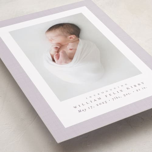 This is a lilac birth announcements with standard by Lea Delaveris called linen frame printing on smooth signature in standard